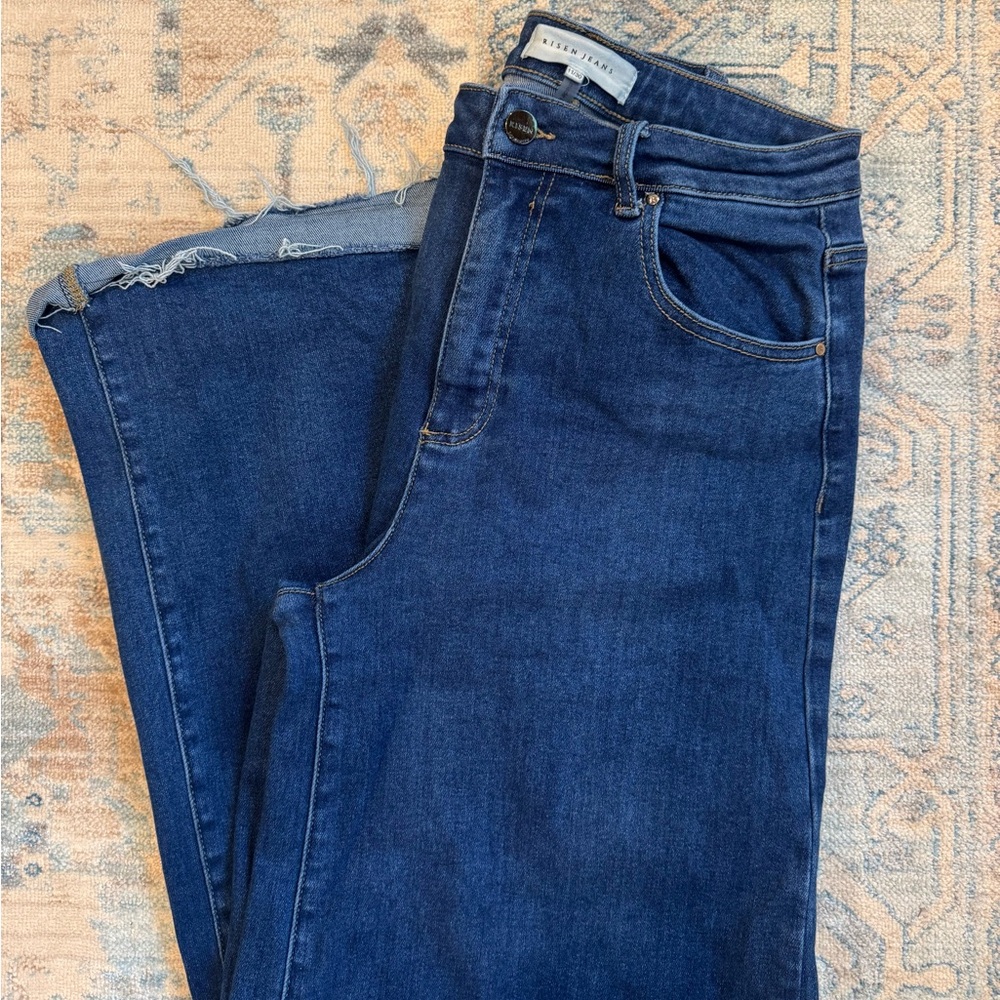 Risen Dark Wash High Rise Wide Flare Leg Jeans